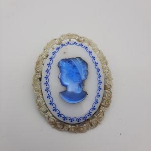 Vintage Cameo Brooch Lucite Blue On White